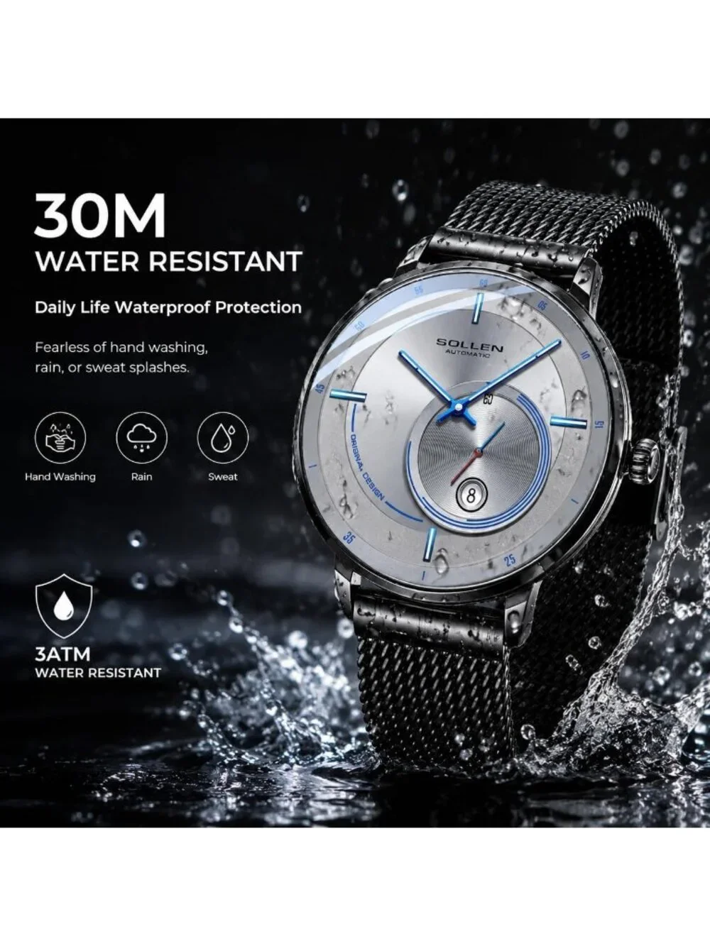 Men's Gray Automatic Mechanical Minimalist Dial Stainless Steel Luxury Watch